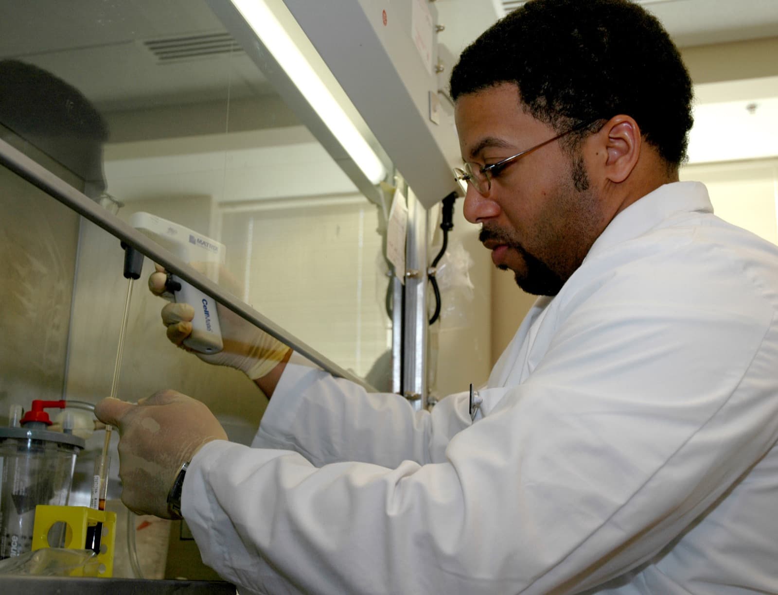 Scientist pipetting samples under a laboratory fume hood